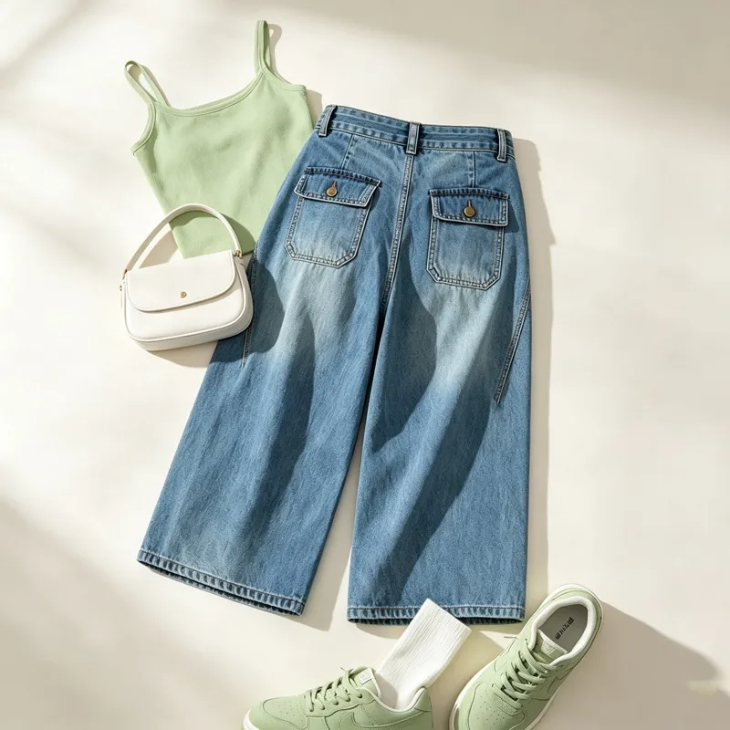 Retro Off White High Waist Cropped Barrel Pants Women's Jeans Loose Comfortable Summer Denim