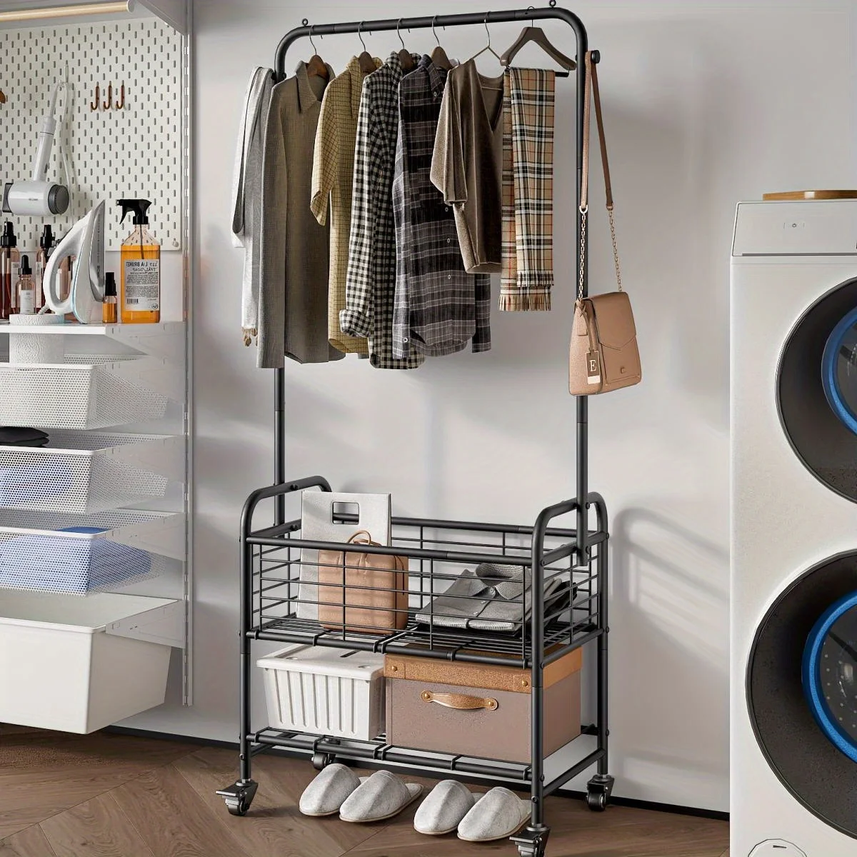 

Rolling Laundry Basket with Wheels | Sorter Cart with Shelf and Hanging Rack, Black, Steel Material by INGIORDAR, Laundry Hampers JUYHGV