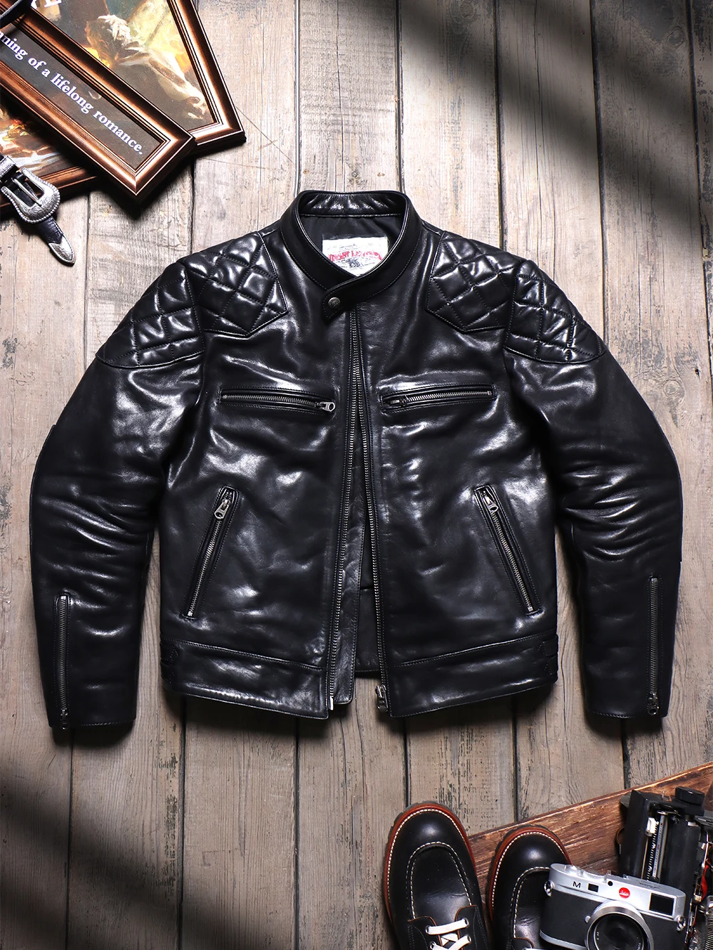 

1.4mm Unpainted Vegetable Tanned Calf Leather Jacket Made of The Same Motorcycle Leather As Xiaobei, Washed Retro Leather