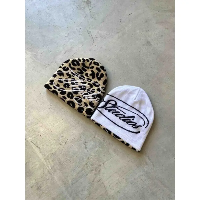 Streetwear Script Logo Embroidery Beanie Multi Print Plaid Camouflage Leopard Casual Headwear