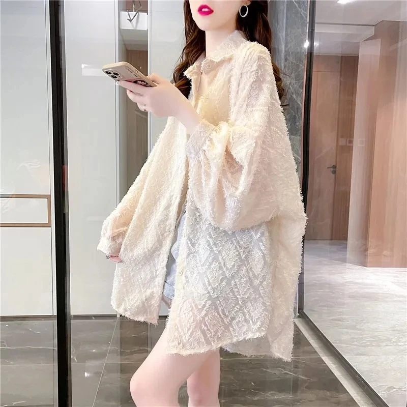 Translucent Women Shirt Spring/Summer Fashion Single-Breasted Loose Casual Top Wild Fashionable Ladies Sun Protection Clothing