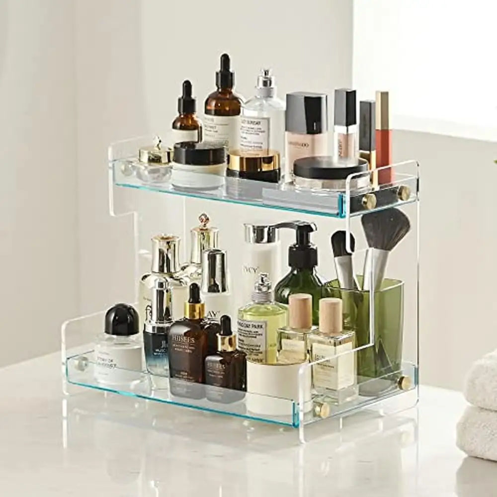 

2 Tier Bathroom Organizer Countertop Kitchen Spice Rack Cosmetic Shelf Acrylic Storage Tray waterproof Shelf Tiered Shelf Art