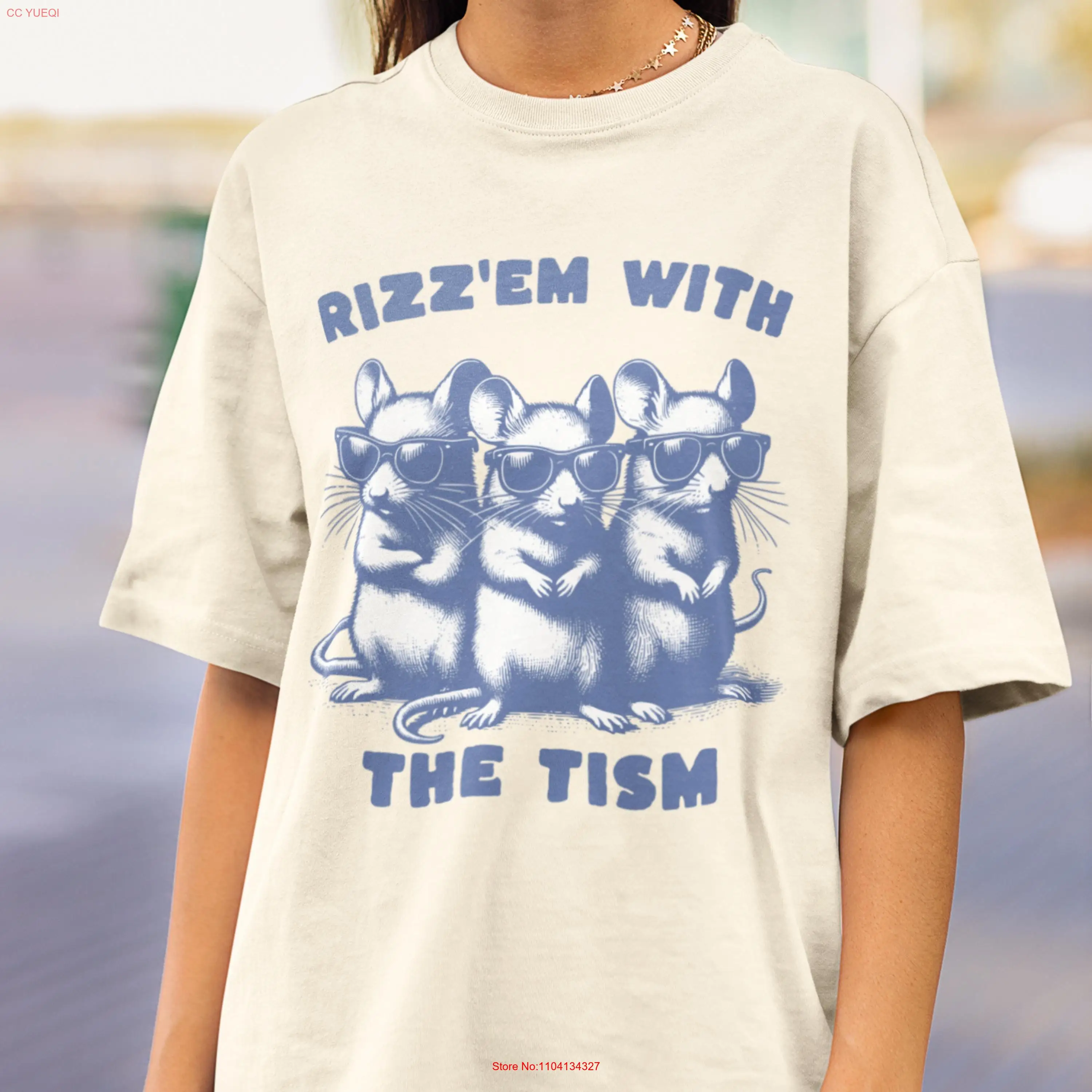 

Rizz Em With The Tism Vintage T Shirt Retro 90s Funny Mice Autism Awareness Mouse Meme For Her Him long or short sleeves