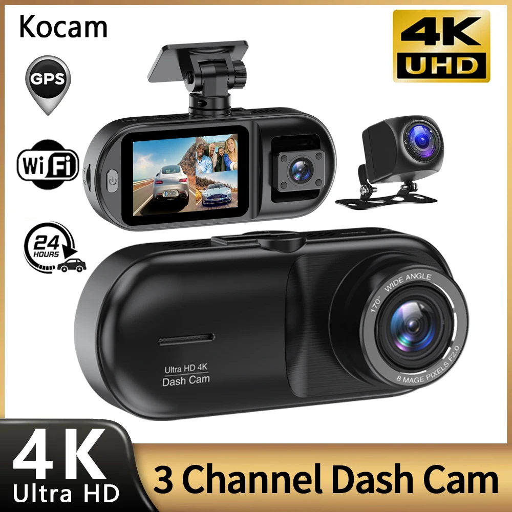 

3 Channel Dash Cam WiFi 4K+1080P Car Dash Camera Front Inside Rear 3 Way IR Night Vision GPS Car DVR Video Recorder RearView Cam