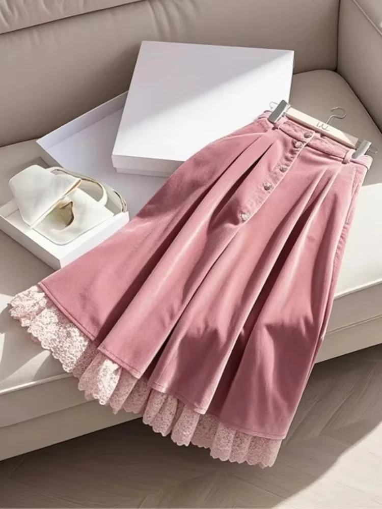 Vintage Sweet Pink Lace Corduroy Full Skirt A-line Min-length Y2K Skirts Elegant Formal Women High Waist Long Skirt Office Lady