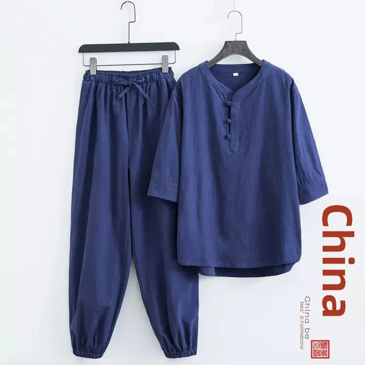 

Chinese Sle Linen Daoist Meditation Suit Men Women Casual Sport Set Summer Faion T-irt Nine Points Pants Cotton Fabric