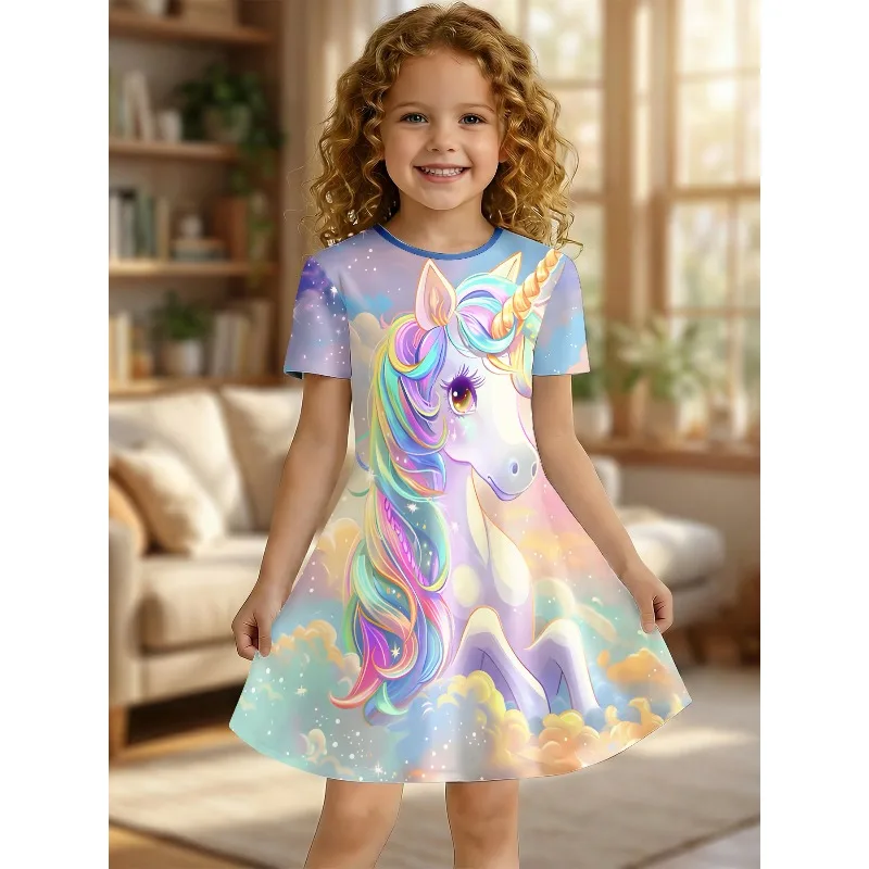 Girl Rainbow Unicorn Printed T-shirt Dress Soft Sky Cloud Casual Dress for Children's Party Clothing Suitable for Birthday Gifts