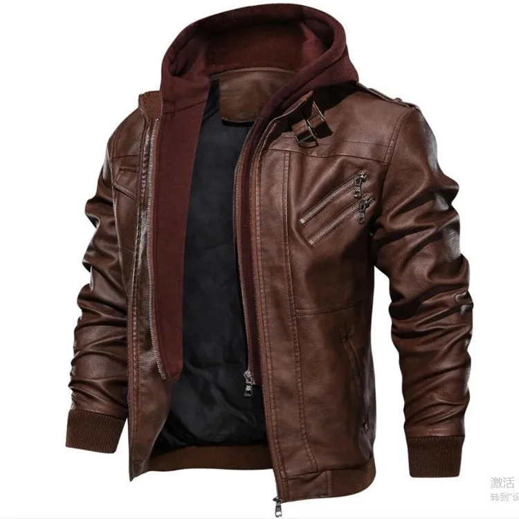 Vintage Motorcycle PU Leather Jacket Autumn Winter Removable Men's Hooded Jacket motorcycle jacket men