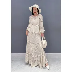 SuperAen 2024 Spring/Summer New Lace Set Hollow Top Large Swing Long Dress Two Piece Set Fashion Elegant Dress Set