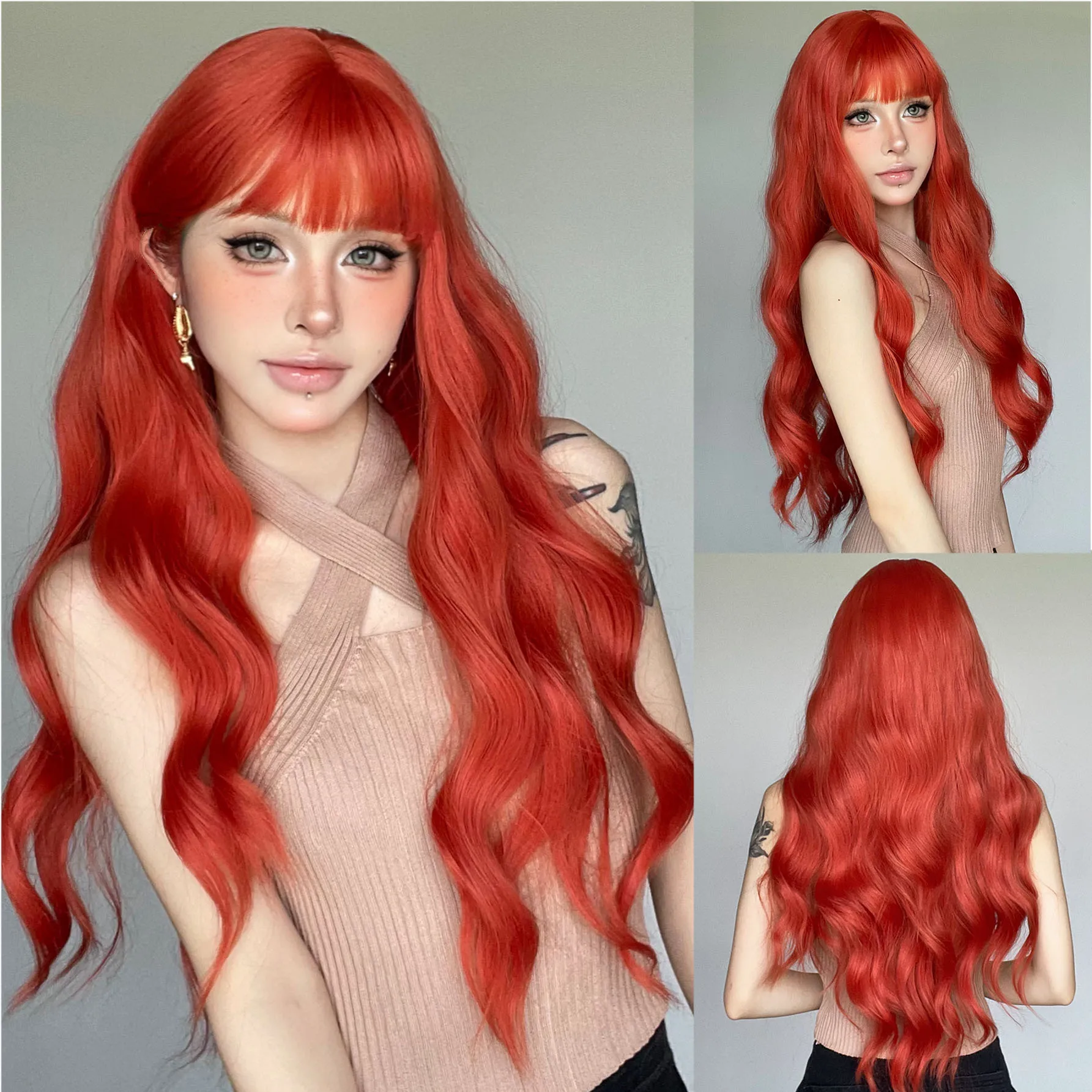 

Wig female full hood dirty orange bangs long hair big wavy curly hair