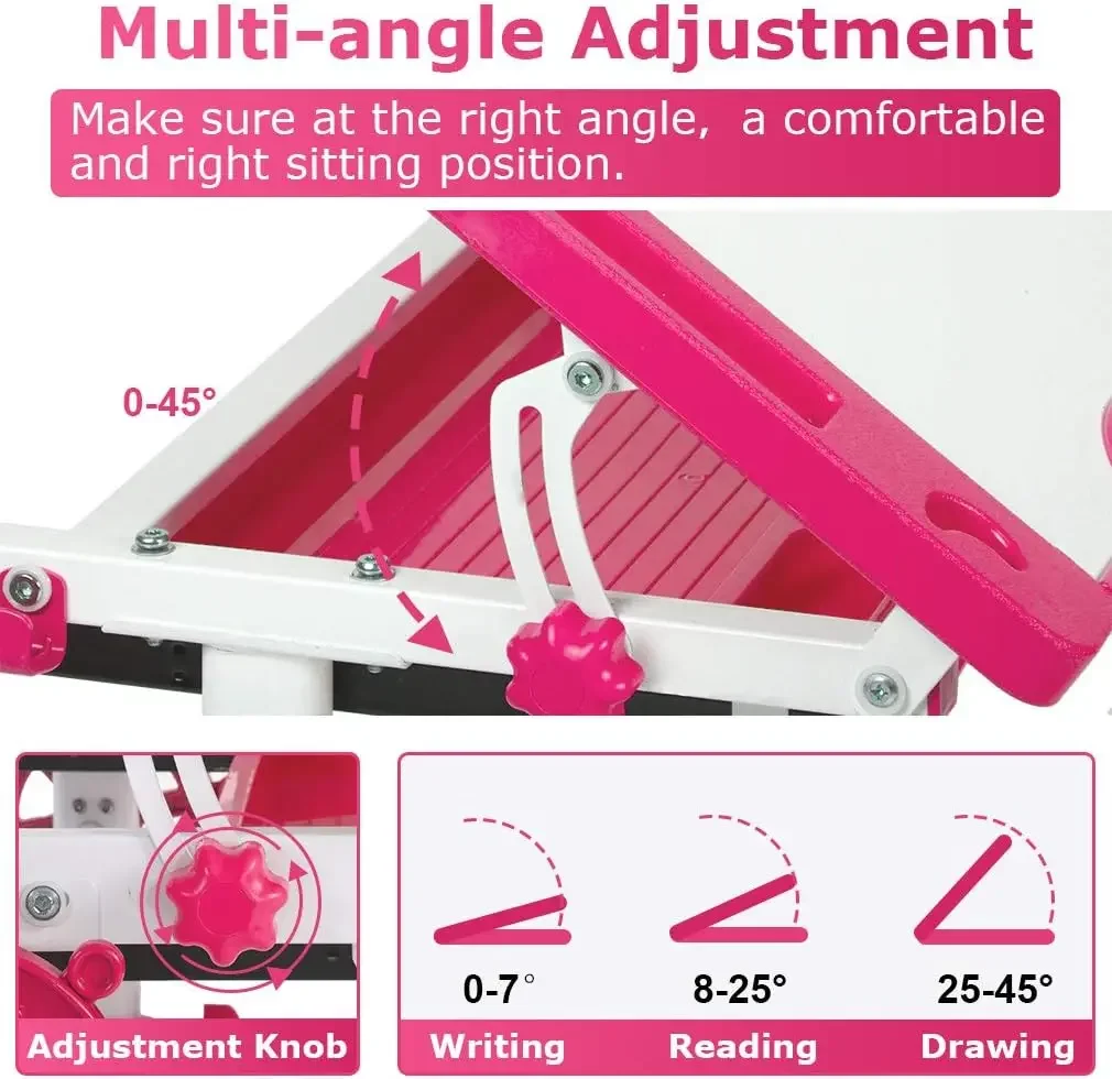 Kids Desk Children Writing Student Desk Drafting Table Height Adjustable Study Table and Chair with Drawers Storage，Pink