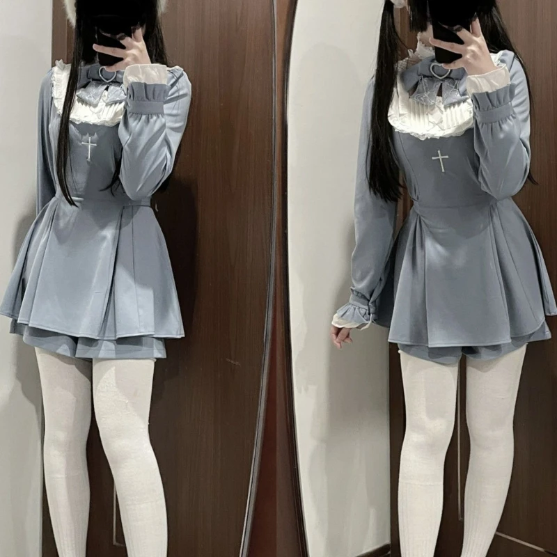 Japanese Lolita Outfits 2024 Spring Casual Embroidery Patchwork Tops + Shorts Female Loose Suit Y2k Aesthetic Two Piece Sets