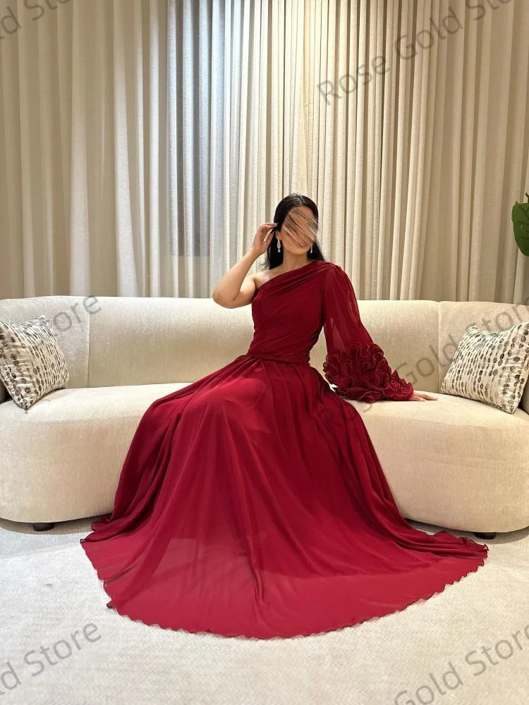 Customized Evening Dress for Arabic Women A Line One Shoulder Prom Gowns Chiffon Floor Length Ruffled Sleeve Vestido de Noche