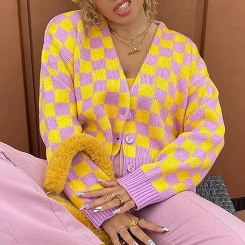 Cardigan Knitted V-neck Argyle Long Sleeve Sweet Single Breasted Short Sweaters Female Autumn Winter Women's Sweater Cardigans