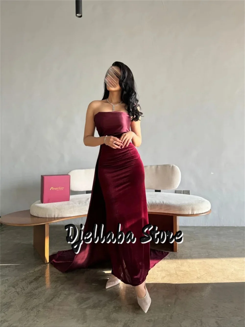 

Burgundy Velour Evening Dresses 2025 Mermaid Strapless Sleeveless Panel Train Prom Gowns Saudi Arabia Party Dress Customized