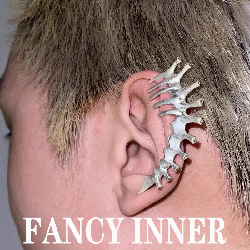 2023 New Cyberpunk Ear Clip skeleton Spike Silver Color Metal Unisex INS Ear Scuff for Women Men Couple Earring Jewelry Gift