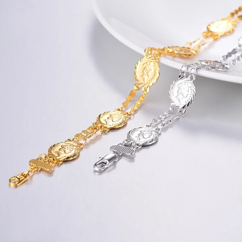 U7 Embossed Queen Charm Coin Bracelets for Women Jewelry Retro Gold Color Link Chain Bangles QC24