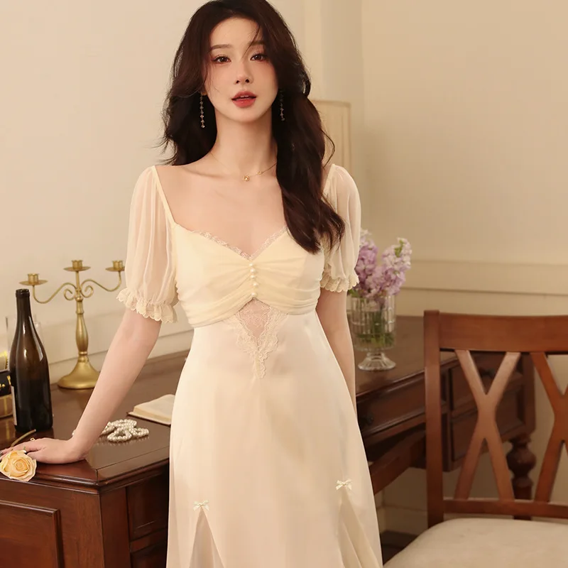 

Summer Women Ice Silk Night Dress Fairy Nightgown Sexy Satin Short Sleeve Nightdress Princess Long Robe Sleepwear Nightwear