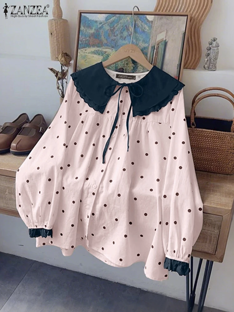 ZANZEA Moda Polka Dots Camicie Donna Colletto alla Peter Pan Bottoni Coreano Dolce Camicetta Elegante Office Lady Manica lunga Top Casual