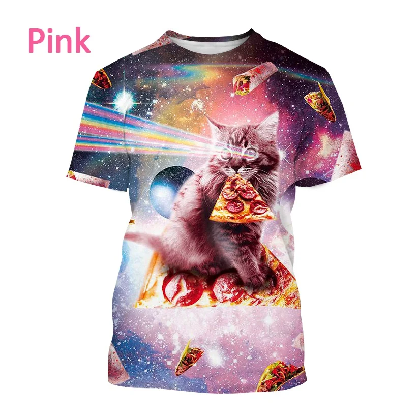 New Laser Eye Cat Funny Print Short-sleeved T Shirt Men and Women Fashion Casual Animal Streetwear Tops Tee Round Neck Clothing