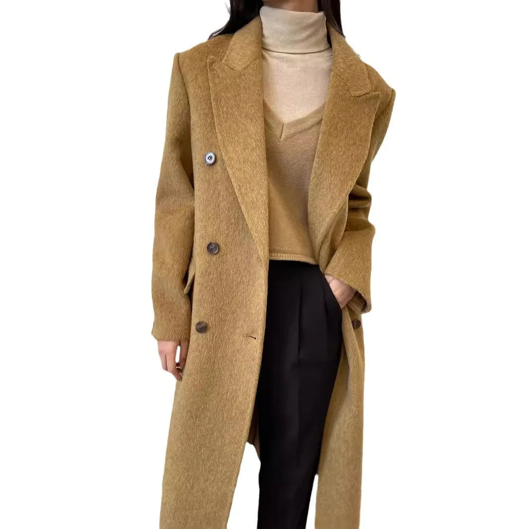 [EWQ] Double Breasted Full Sleeve Double-faced Cashmere Coat Temperament Women Long Woolen Coats Winter 2024 Autumn New 16O1857