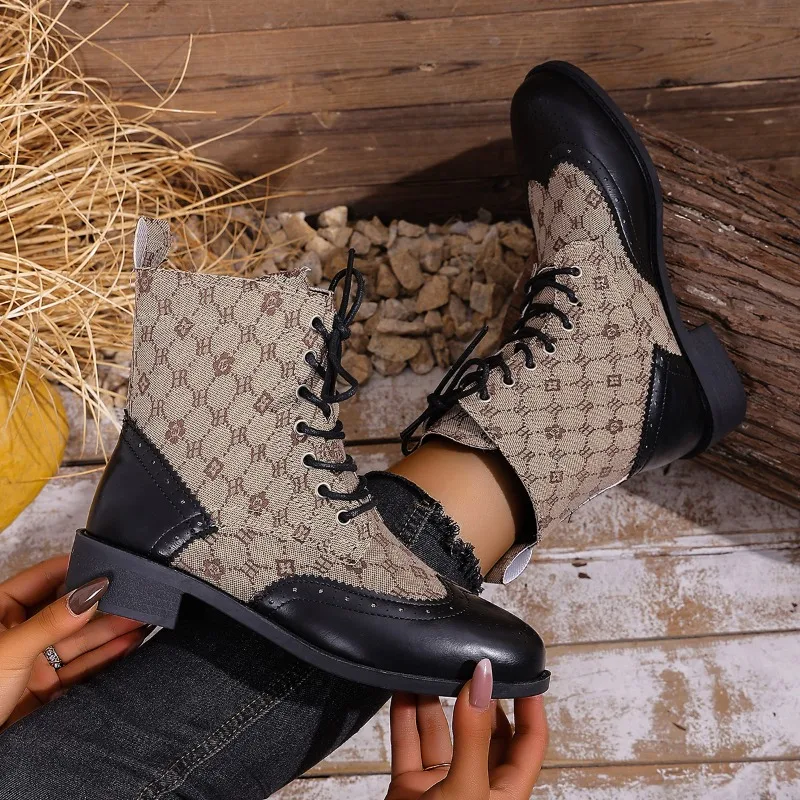 

Женские ботинки средней длины на блочном каблуке, весна/осень 2023, римские ботильоны на шнуровке