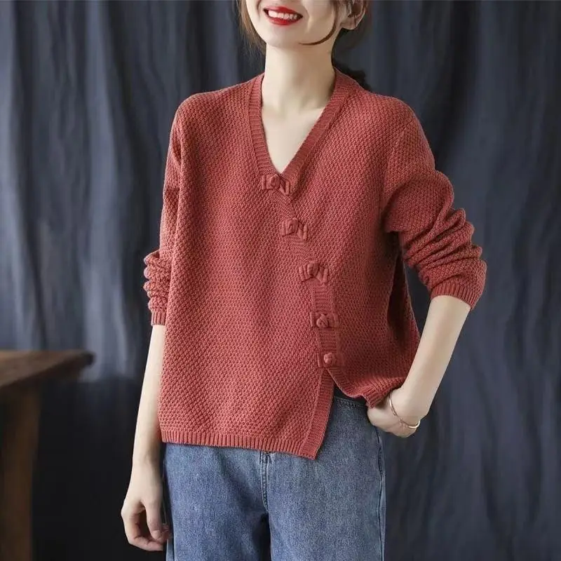 Autumn Winter Literary Vintage Buttons V-neck Sweater Ladies Loose Casual Knitting Pullover Top Women All-match Jumper Outwear