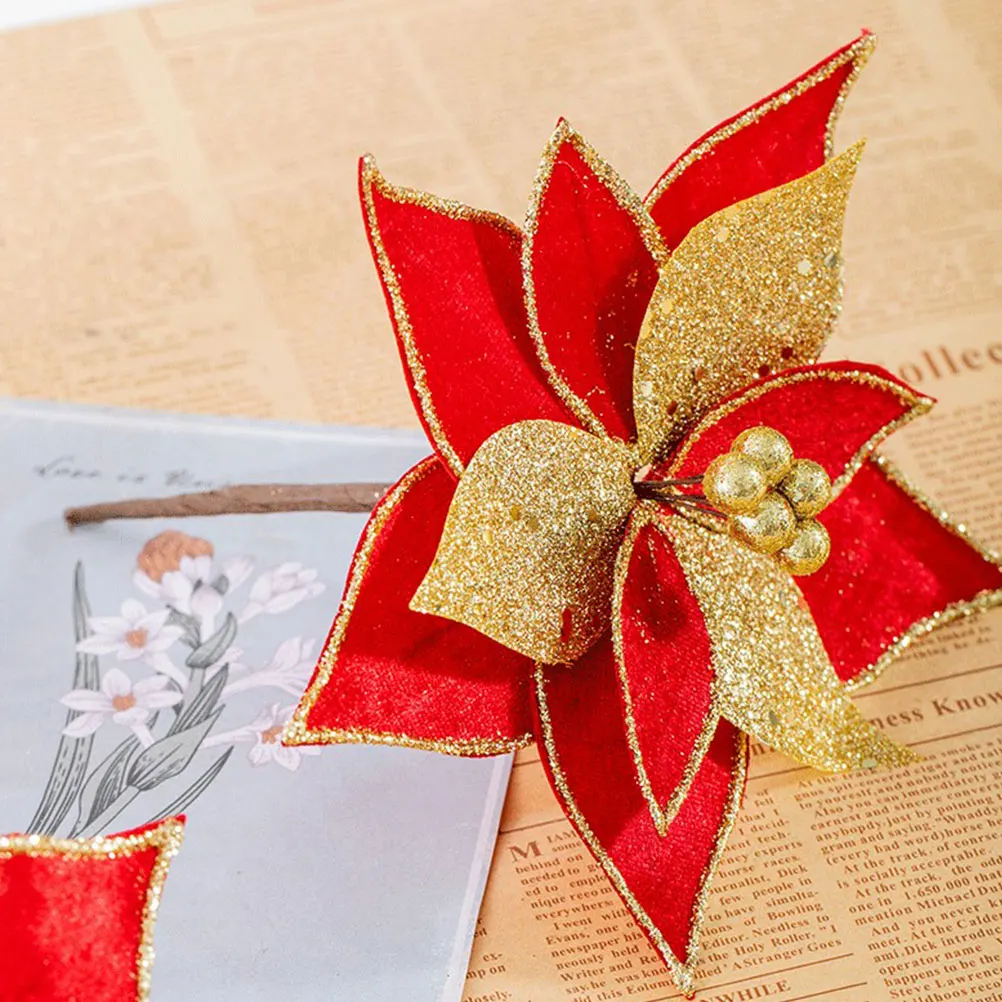 

2pcs Christmas Flower Decorations Simulated Xmas Flowers Festive Party Home Decoration Golden Colorful Lifelike Ornament