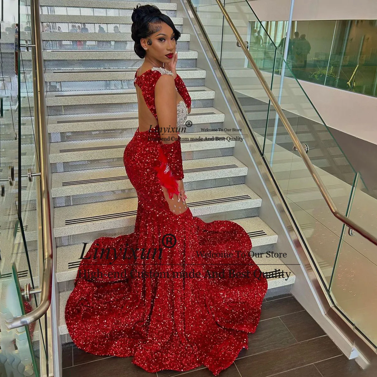 Glitter Crystal Red Long Mermaid Prom Dress For Black Girls Sparkly Rhinestones Evening Dress Formal OPen Back Party Gowns