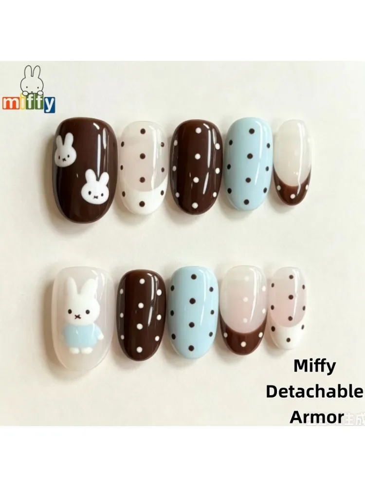 Kaffeeblaue Miffy-Häschen-Thema Press-On-Nägel — Kaffeeblaue Polka-Dot 3D Handbemalte Abnehmbare Künstliche Nagelspitzen
