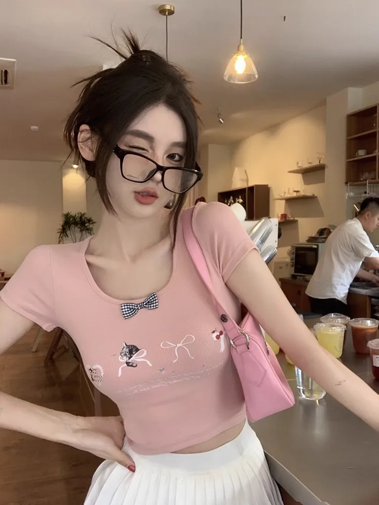 تي شيرت نسائي قصير الأكمام بلون النيلي ملابس علوية من القطن فضفاضة تناسب الصيف كاجوال قابلة للتنفس ناعمة ومريحة وبسيطة وعصرية يوميًا #5