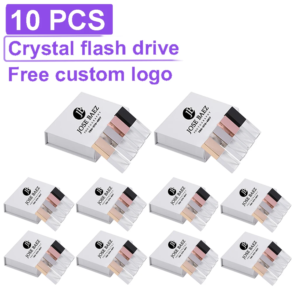 10PCS/LOT Crystal USB Flash Drives 128GB Free Custom Logo Memory Stick 64GB Photography Studio Pen Drive 32GB 16GB Wedding Gift