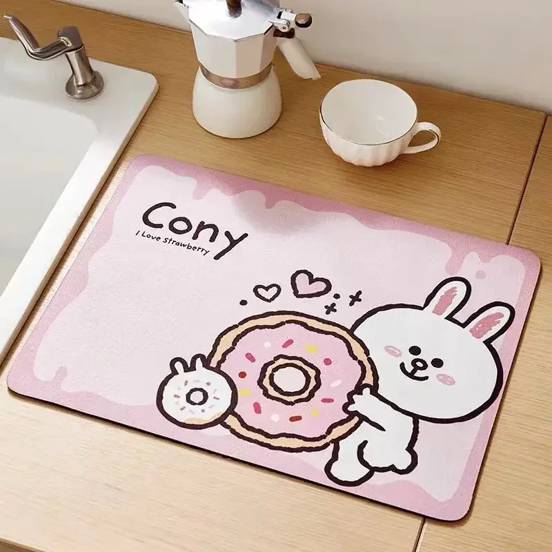 LINE FRIENDS Kawaii BROWN Diatom Mud Kitchen Drain Mat Anime Desktop Tea Coaster Pot Insulation Mat Countertop Absorbent Pad