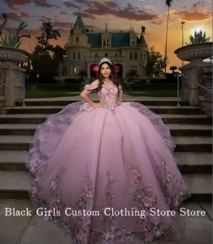 Роскошное пончо Princess Pink 15 Quinceanera 2025 года без бретелек с 3D цветочной аппликацией, корсет с часовней и шлейфом, Мексиканское платье xv años на заказ