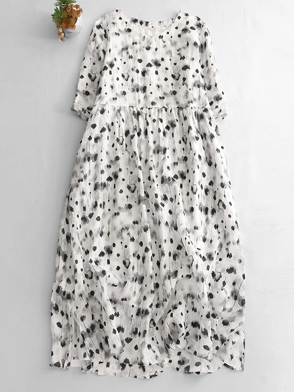 Artystyczny nadruk na lnianej tkaninie, długa sukienka w kształcie litery A, Dr ort Sve, damska, plus size, do kolan, wyszczuplająca, uniwersalna, do pracy, elegancka.