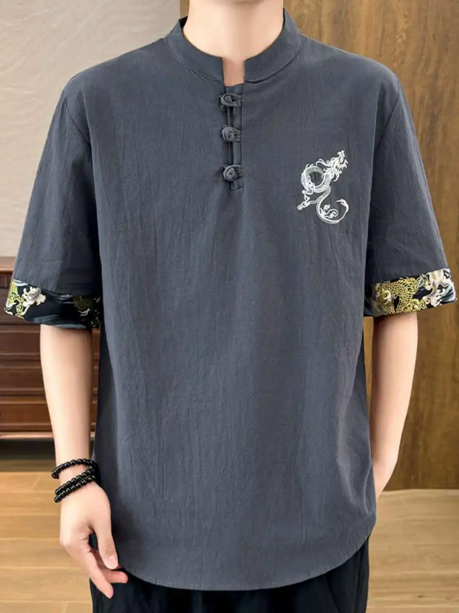 

Мужская летняя футболка-топ из хлопка и льна в винтажном китайском стиле, свободного кроя, на пуговицах