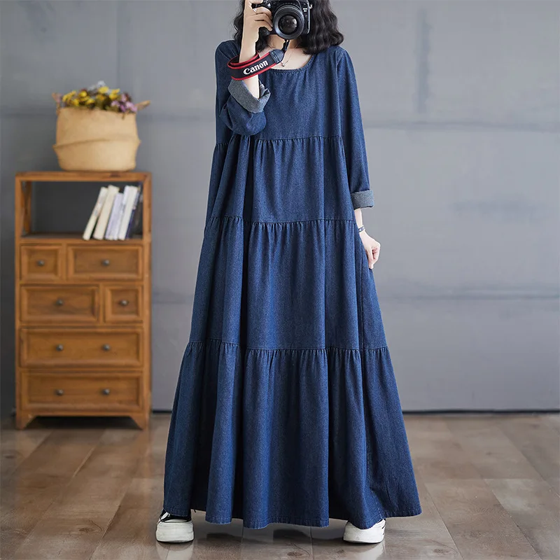 

Cake Dress Women Denim Long Dresses A Line Vestidos Streetwear Round Neck Full Sleeve Elegant Splice Y2k Work High Waist