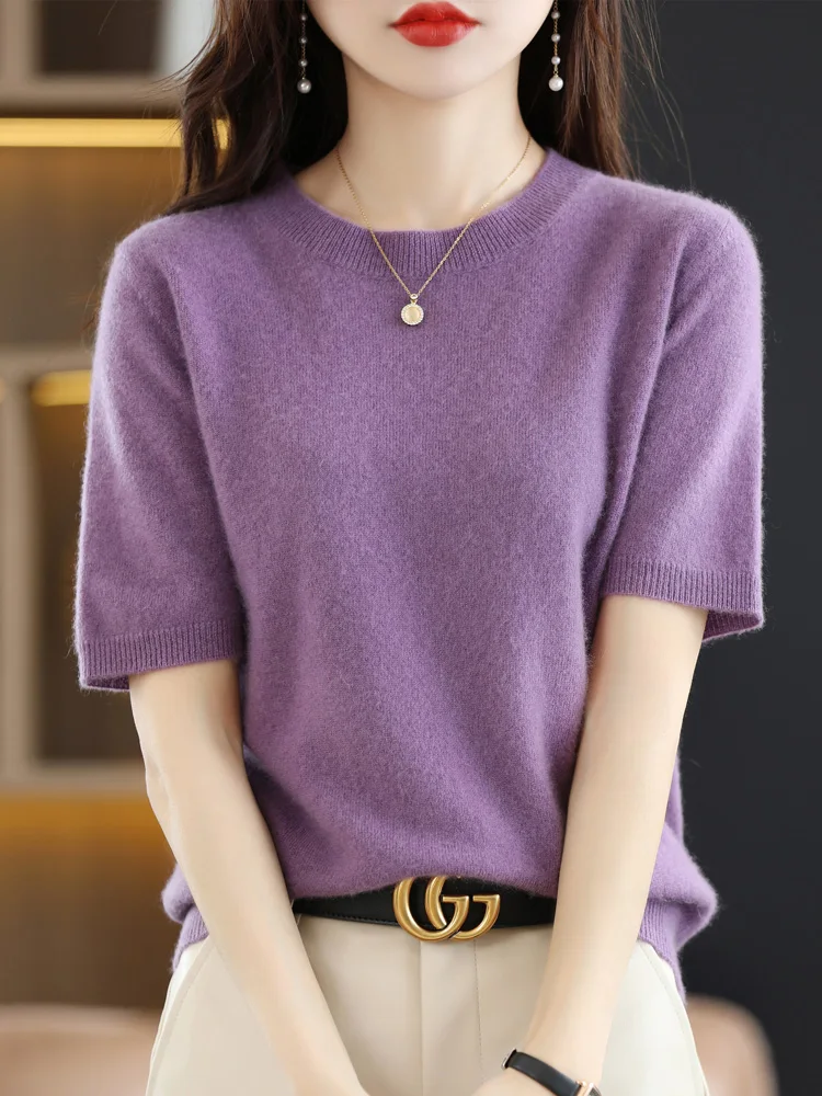 New Fashion Women Summer T-shirt Merino Wool O-neck Short Sleeve Pullover Cashmere Sweater Basic Soft Comfy Clothing Korean Tops