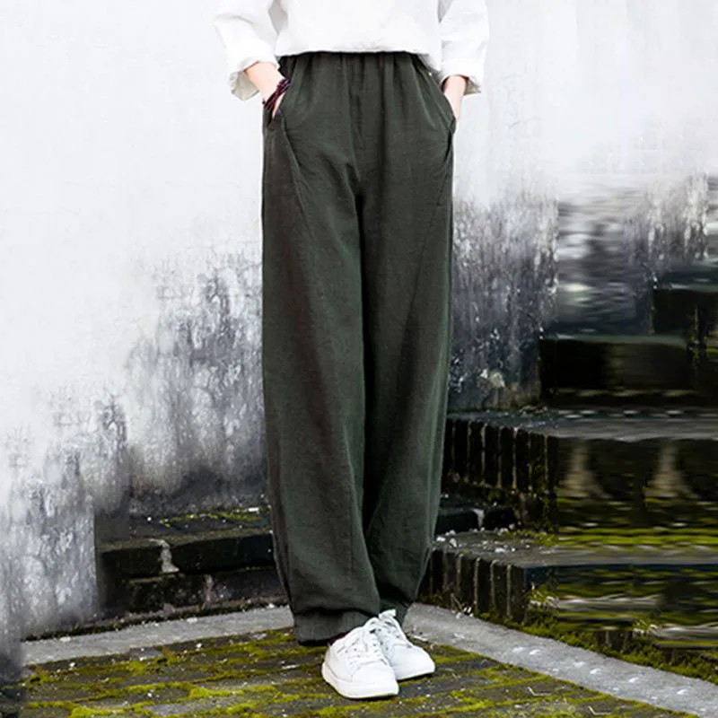 

2023 New Spring Autumn Bloomers Female Casual Loose Retro High Waist Turnip Pants Elastic Waist Thin Women Wide Leg Pants