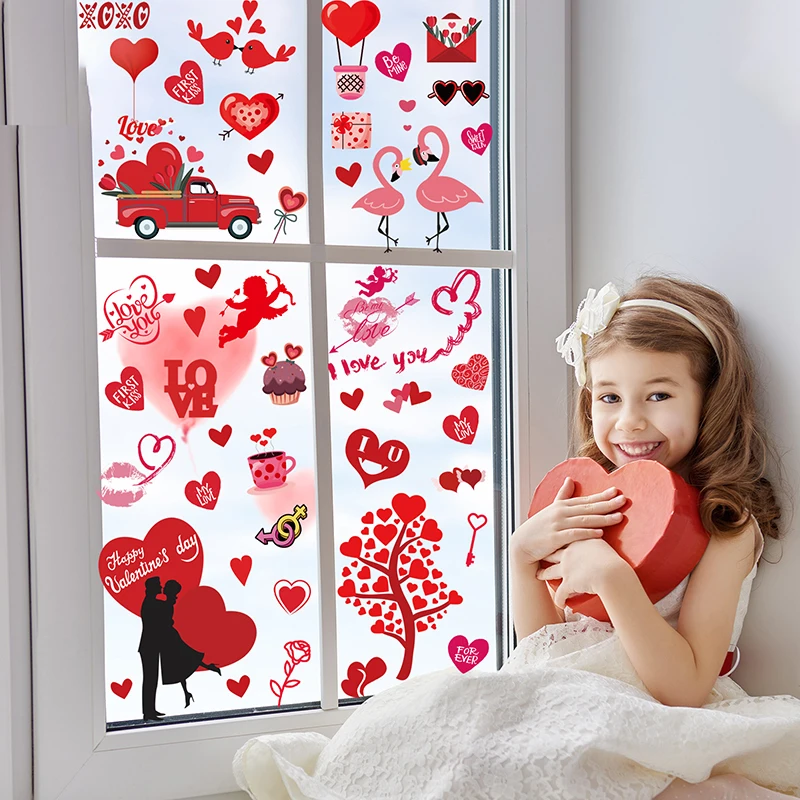 Valentine Windows Stickers 103Pcs PVC Double Sided Heart Cupid Couple Kiss Ballons Printed Glasses Tile Stickers