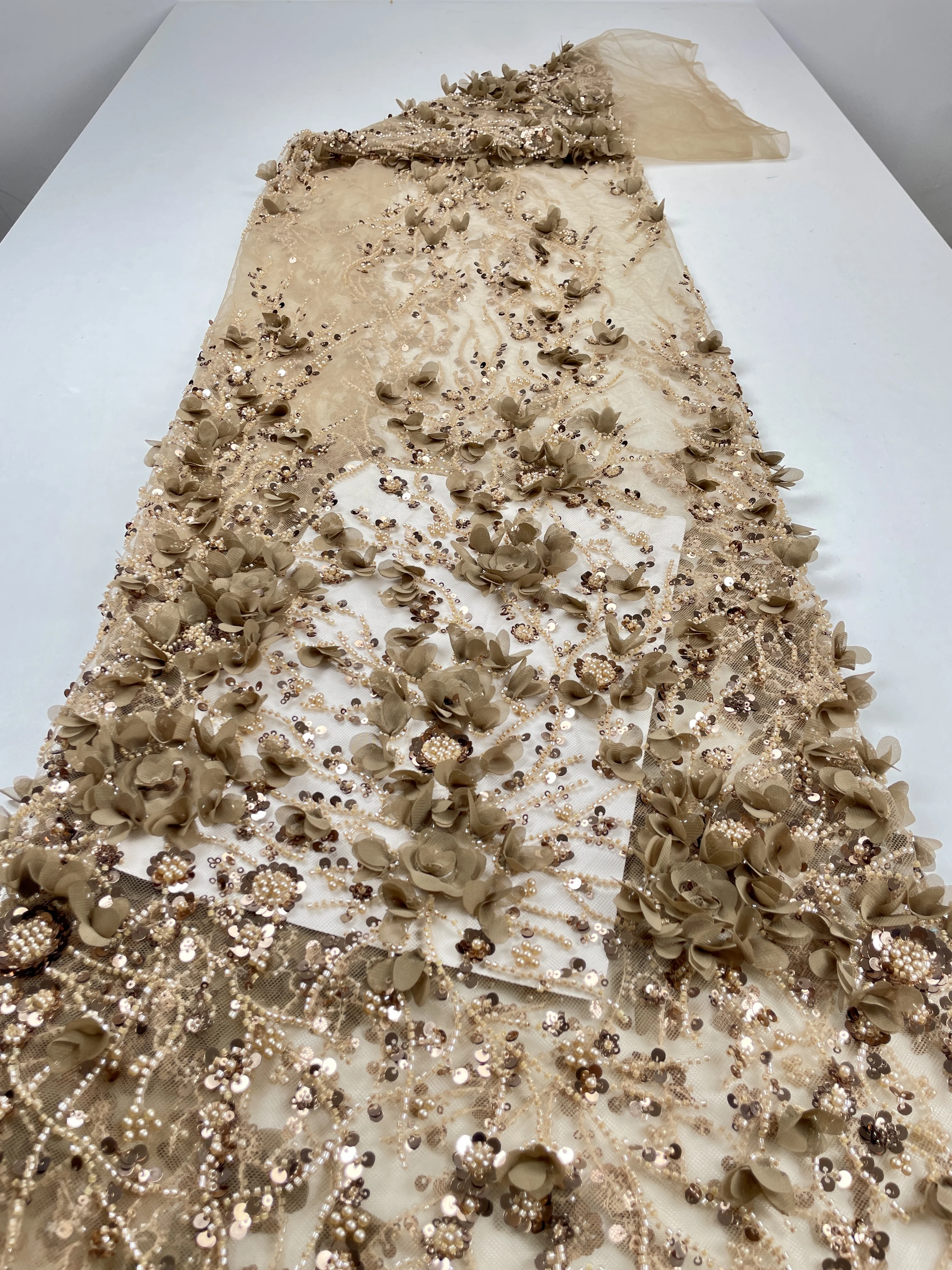 Luxury 3D Flower Lace Beads and Sequins Net Lace Fabrics Exquisite Embroidery High Quality Fabric Wedding Party Dress HX85KB-25