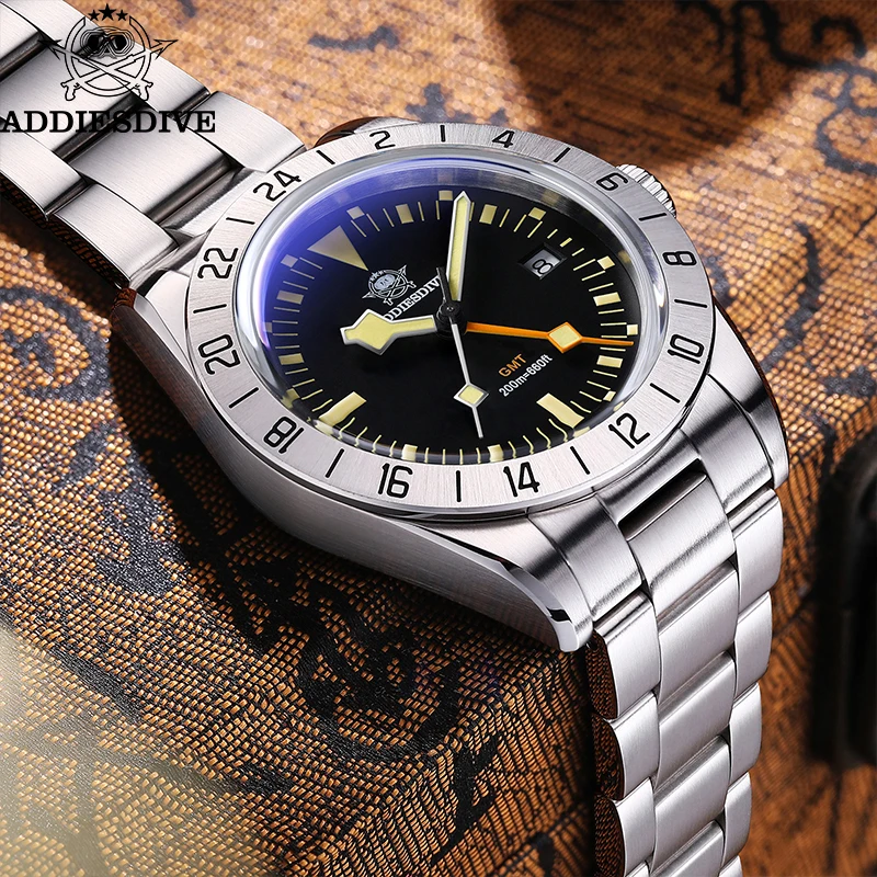 ADDIESDIVE AD2036 GMT Mens Quartz Watch Stainless Steel 20Bar Diving Relogio Masculino Bubble Mirror Glass Luminous Wristwatches