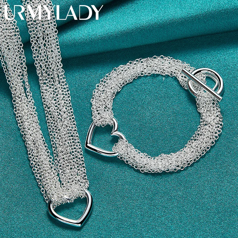 URMYLADY 925 Sterling Silver Multi Chain Love Frame Necklace Bracelet Jewelry Set For Women Wedding Party Fashion Charm Gifts