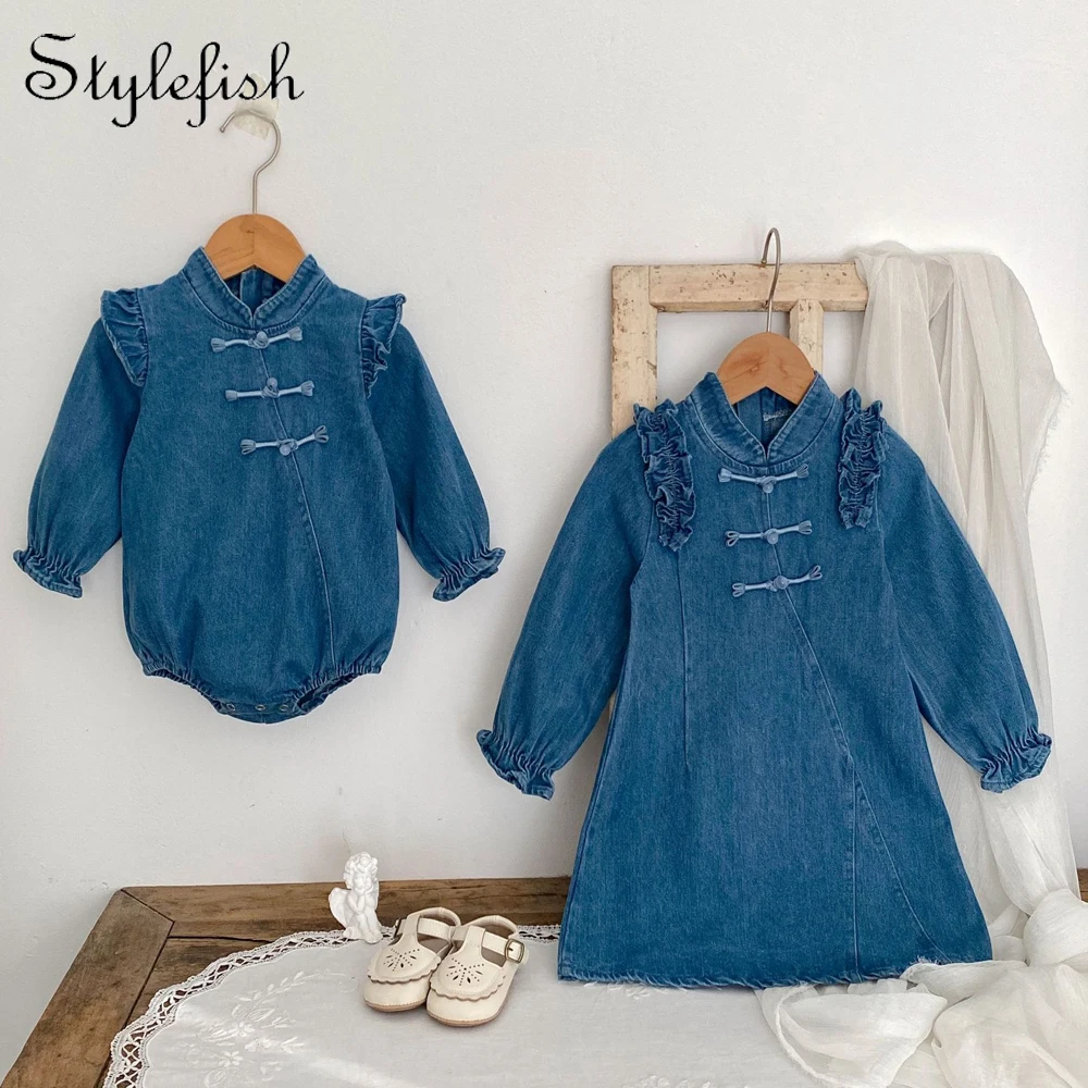 

Autumn New 0-3 Year Old Baby Clothing Fashion Delicate Girl Jeans Cheongsam Flying Sleeve sisters Pan Button Dress