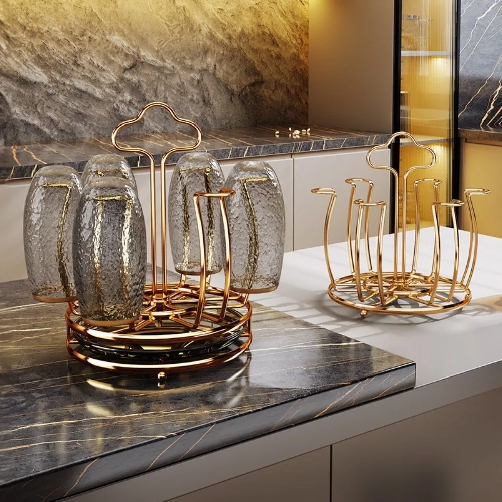 Gold Cup Holder with Water Drain Tray 360° Rotation Space Saving Mug&Cup Organizer Large Capacity Display Glass Cup Storage Rack