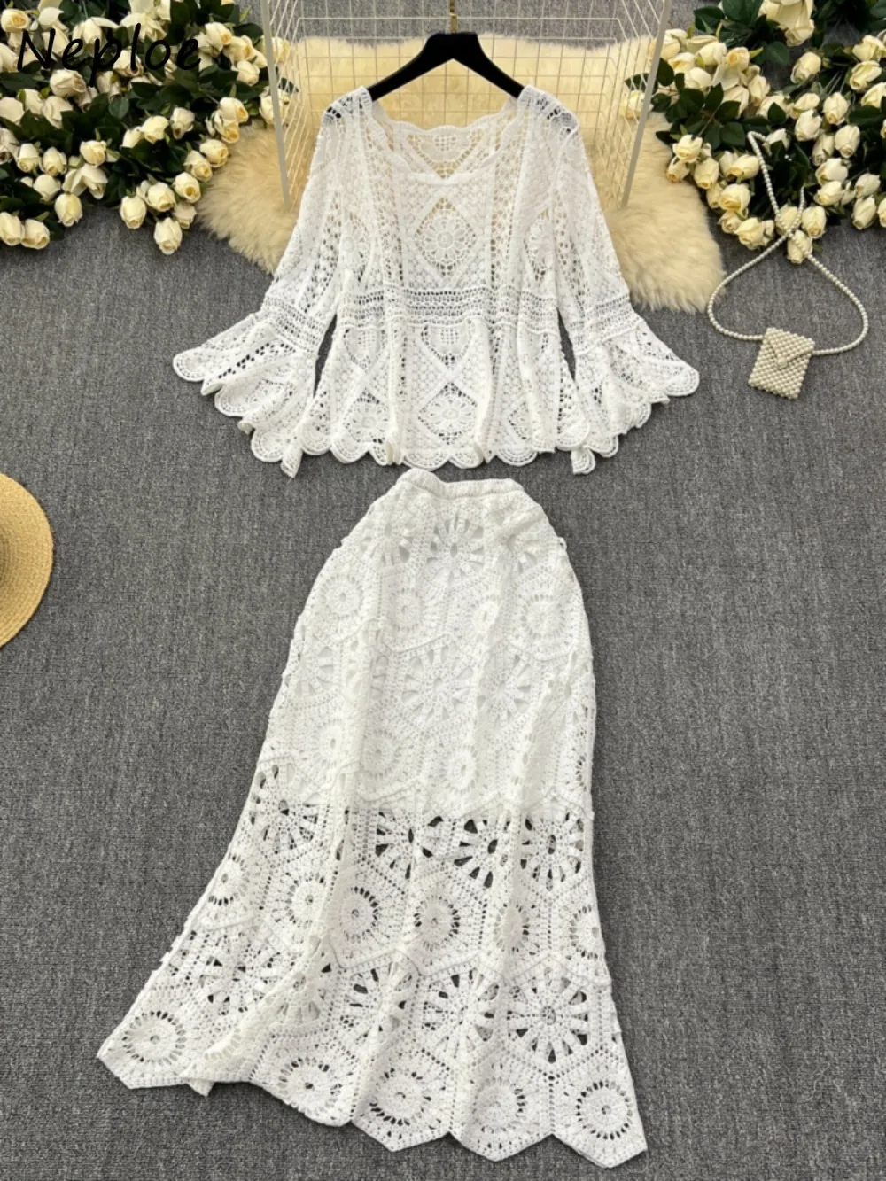 Neploe Fresh Flare Sleeve Loose Lace All-match Set Cardigan High Waist Hollow Out Mermaid Skirt Elegant Slim Fit Suits Faldas