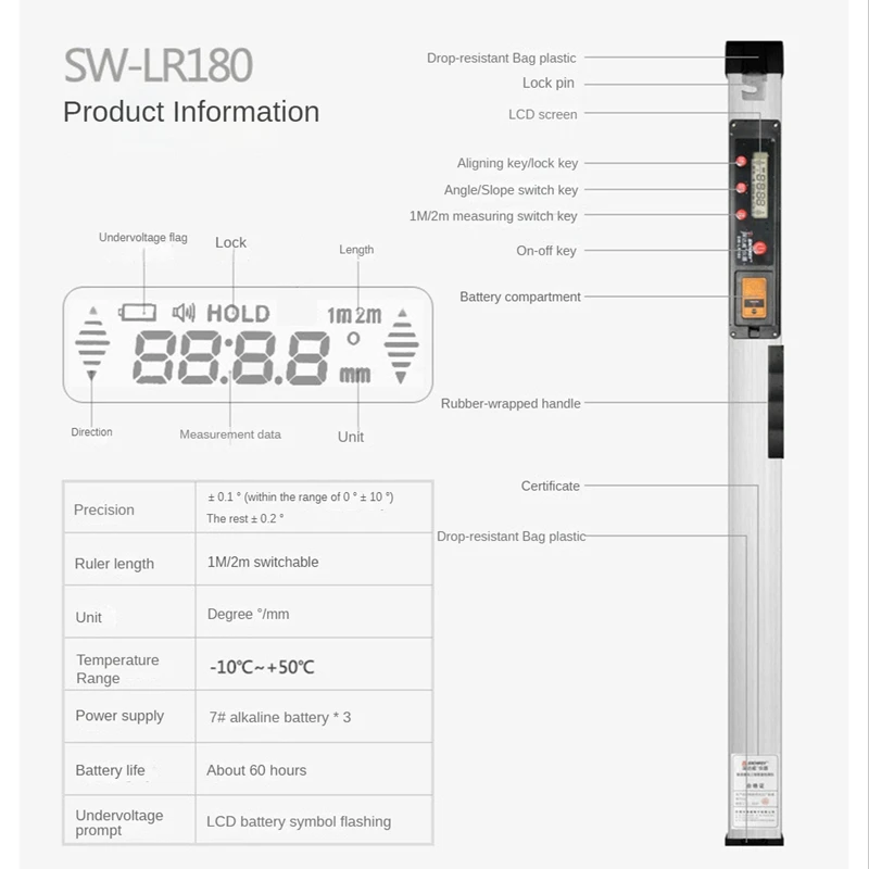 SNDWAY Digital Display Ruler 2 Meters Horizontal Ruler Engineering Detection Ruler Tool Can Be Folded