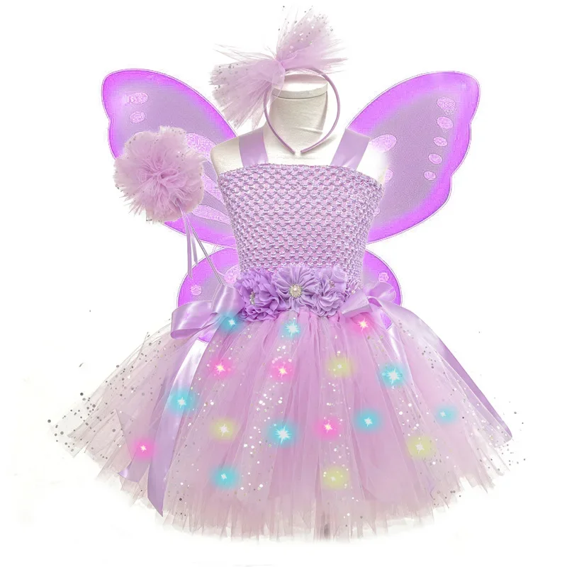 Purple Fairy Princess Tutu Dress with Light-up Butterfly Wings for Girls Performance Costume  Girls Clothes