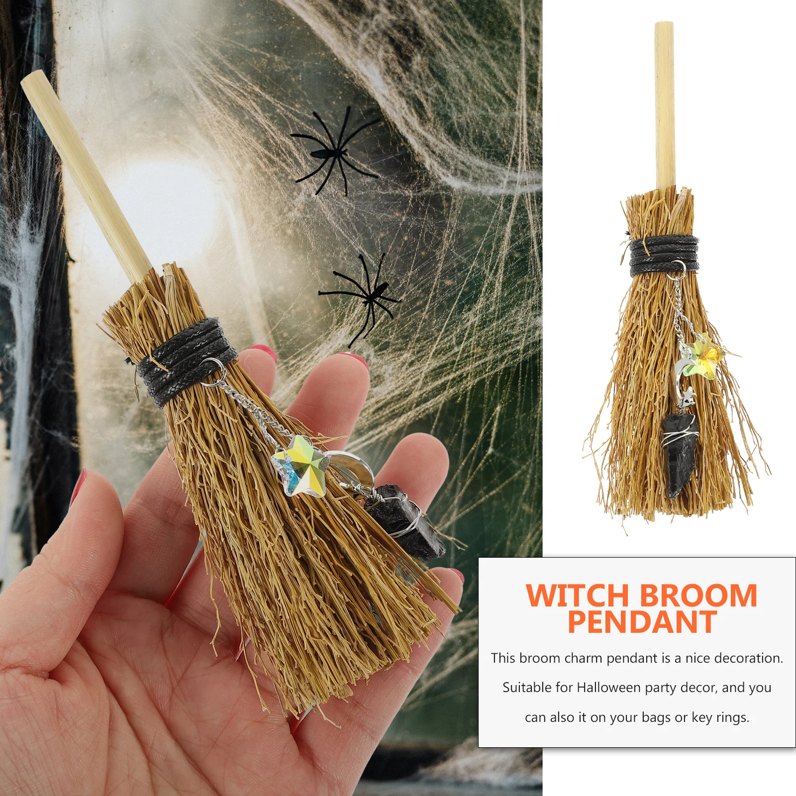 

Crystal Pendant Witch Broom Charm Hanging Decor For Diy Craft Keychain Bag Car Ornament Halloween Decoration Miniature House