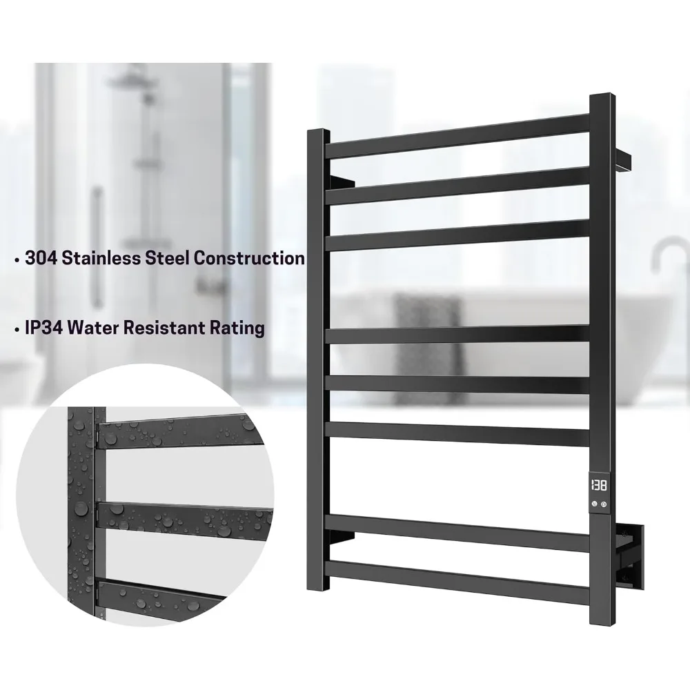 8-Bar Towel Warmer with Fast Heating, Auto Shut-Off Timer, Black Finish - Hardwired or Plug-in Options - Ideal for Hot Towels